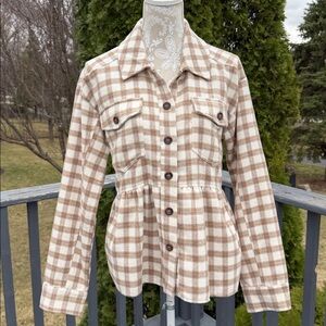 Mystree Tan/Brown/Cream Plaid Button-Front Peplum Jean Jacket sz M
